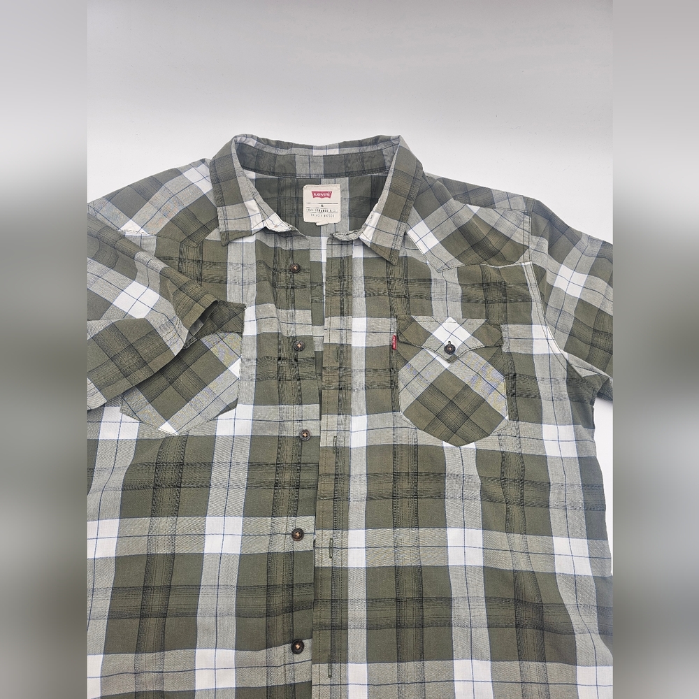 LEVI'S plaid cotton‎ blend short sleeve button front shirt men's Grn and Wht  XL